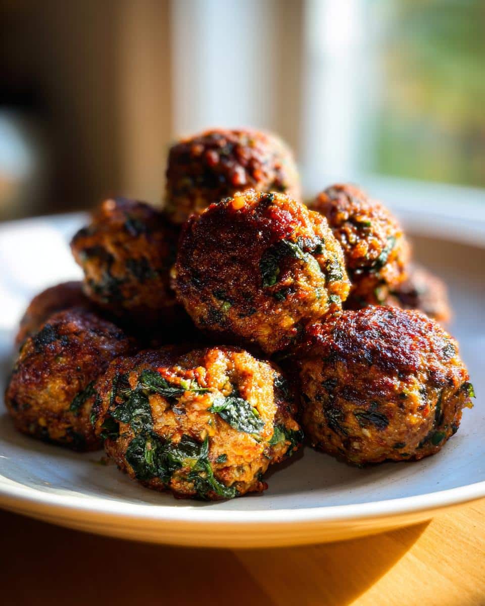 A stack of freshly cooked Frozen Beef, Lentil & Spinach Meatballs showing visible green spinach pieces.