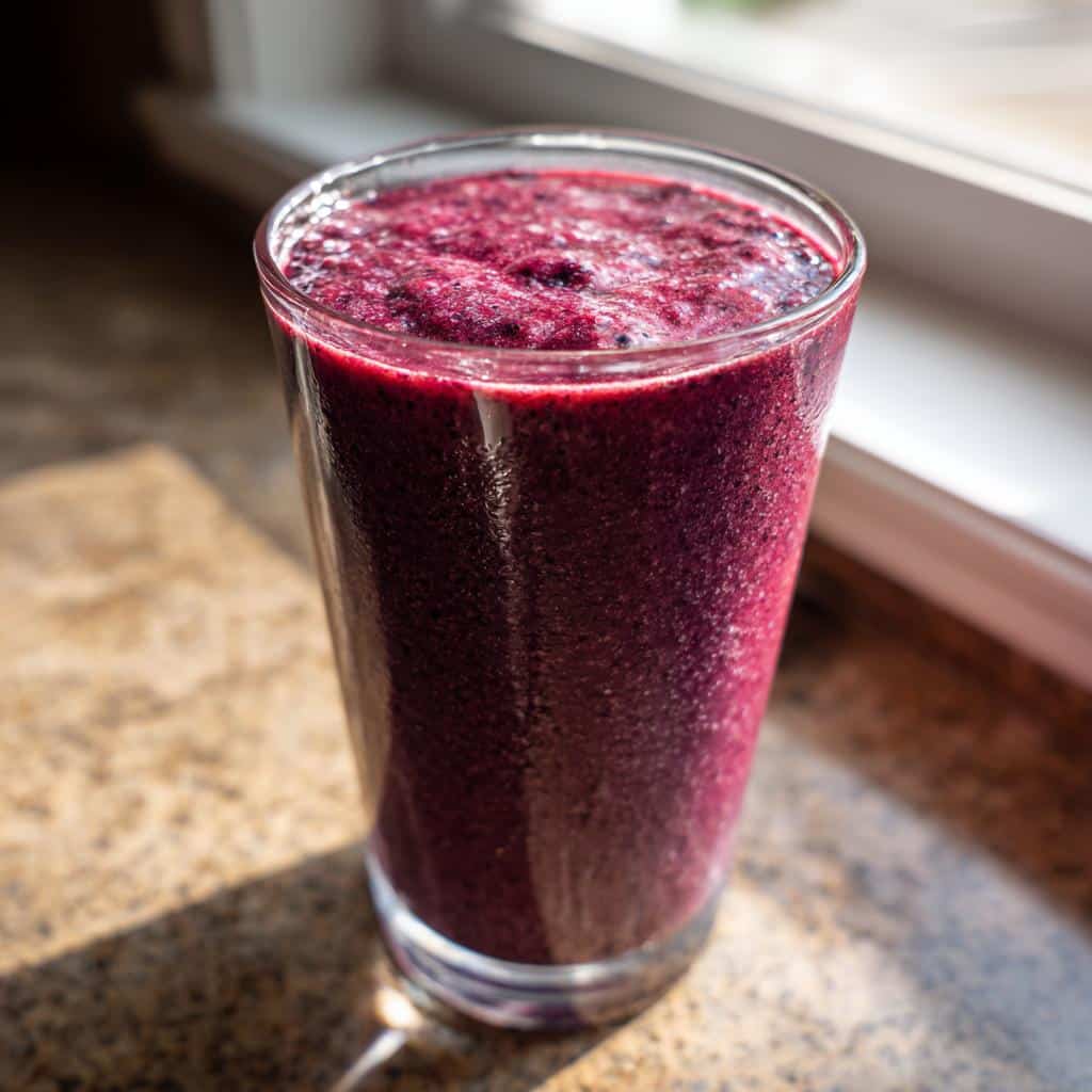 A tall glass filled with a thick, deep purple Frozen Blueberry Banana smoothie sitting on a sunlit countertop.