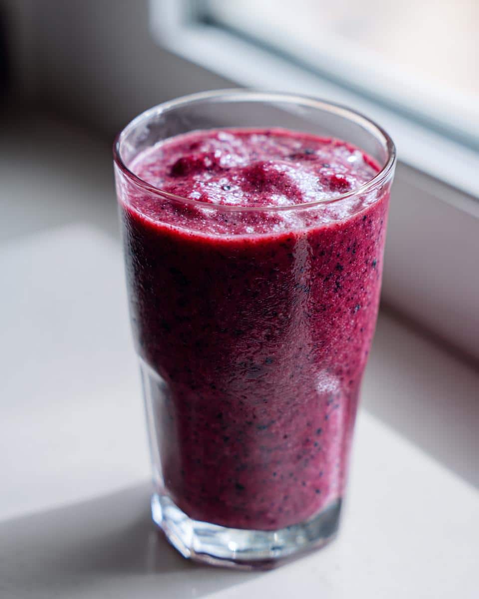 A tall glass filled with a thick, deep purple Frozen Blueberry Banana smoothie, sitting on a white surface near a window.