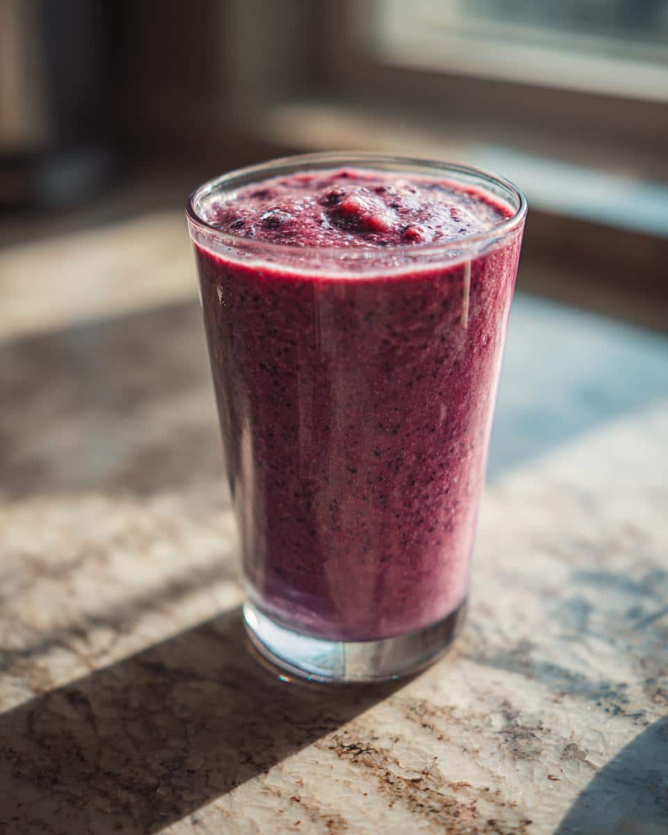 A tall glass filled with thick, dark purple Frozen Blueberry Banana smoothie sitting on a sunlit countertop.