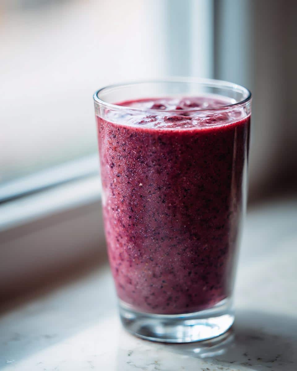 A tall glass filled with a thick, dark purple Frozen Blueberry Banana smoothie sitting on a light countertop near a window.