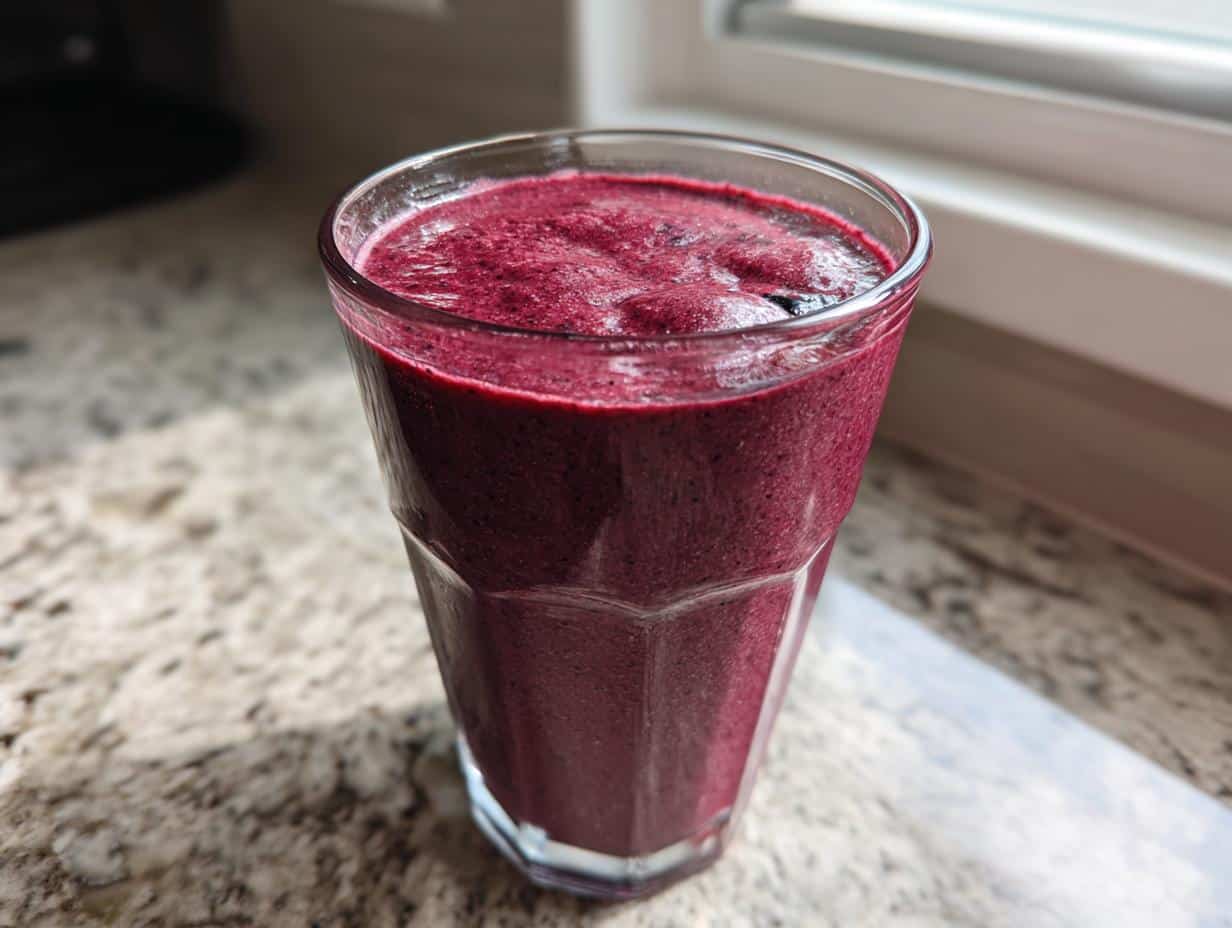 A tall glass filled with a thick, deep purple Frozen Blueberry Banana smoothie sitting on a granite countertop near a window.