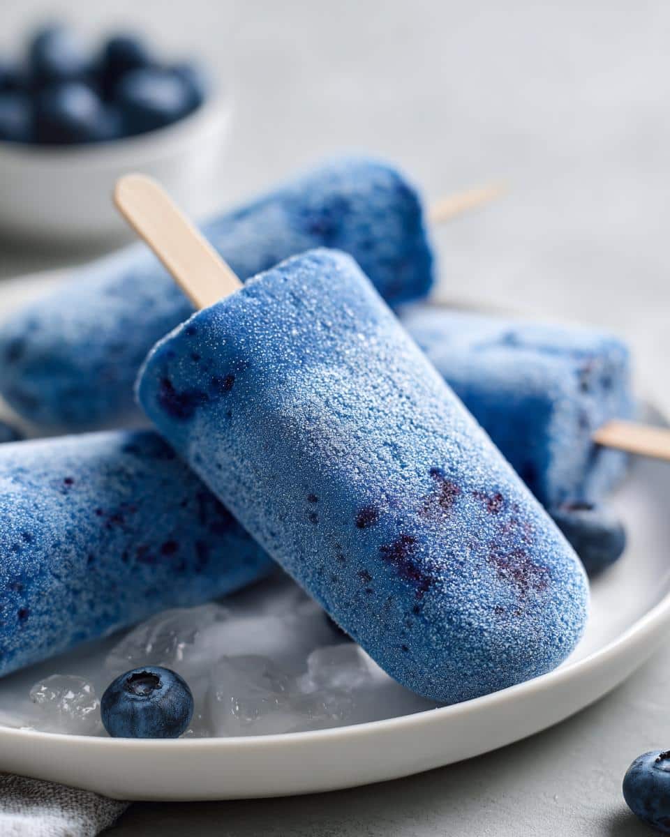 Several bright blue, frosty Frozen Chicken Blueberry Pup Pops resting on ice with fresh blueberries.