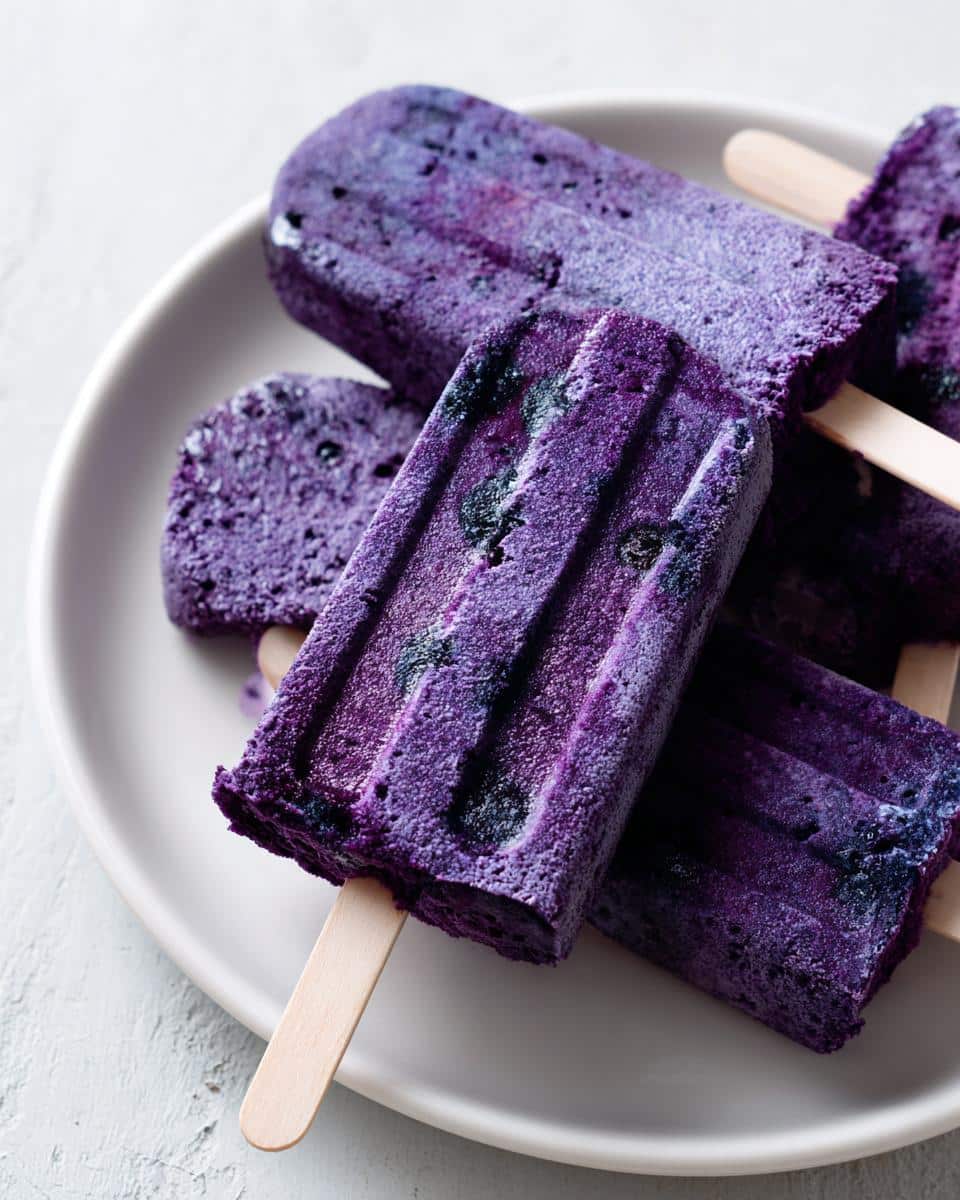 Close-up of several vibrant purple Frozen Chicken Blueberry Pup Pops resting on a white plate.
