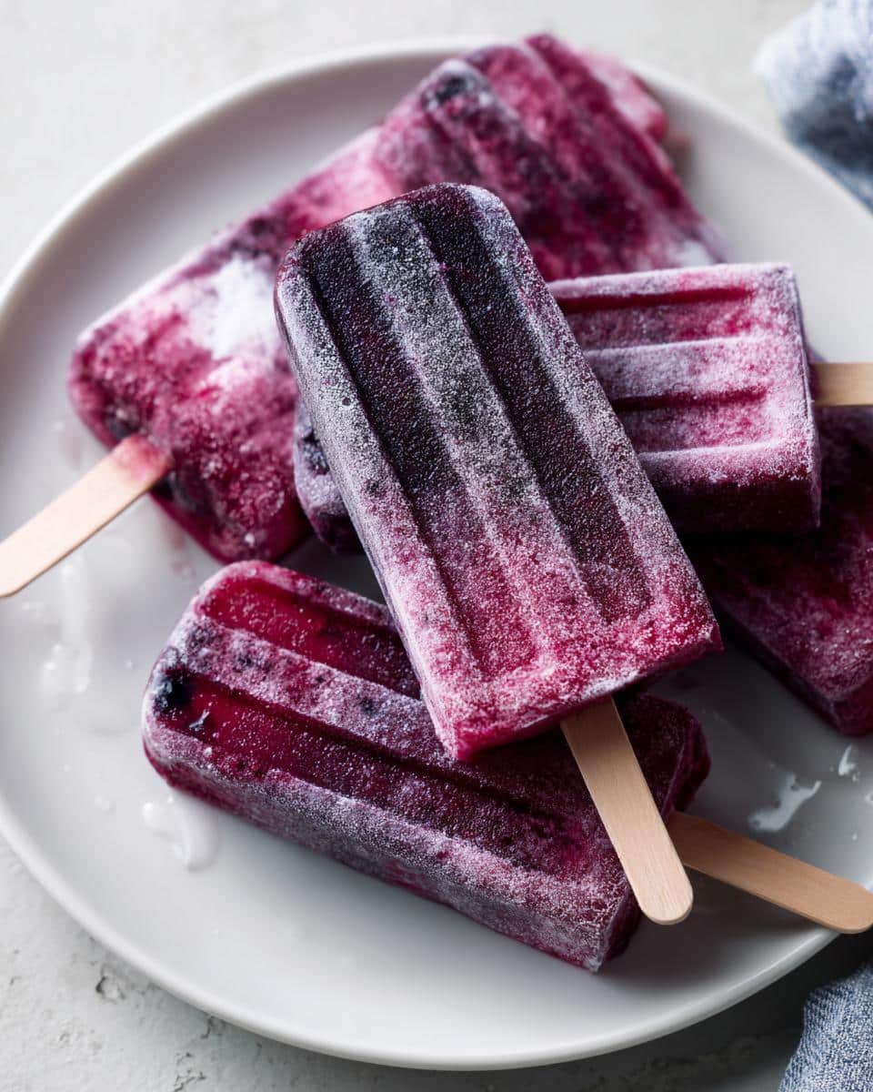 Close-up of several frosty Frozen Chicken Blueberry Pup Pops stacked on a white plate.