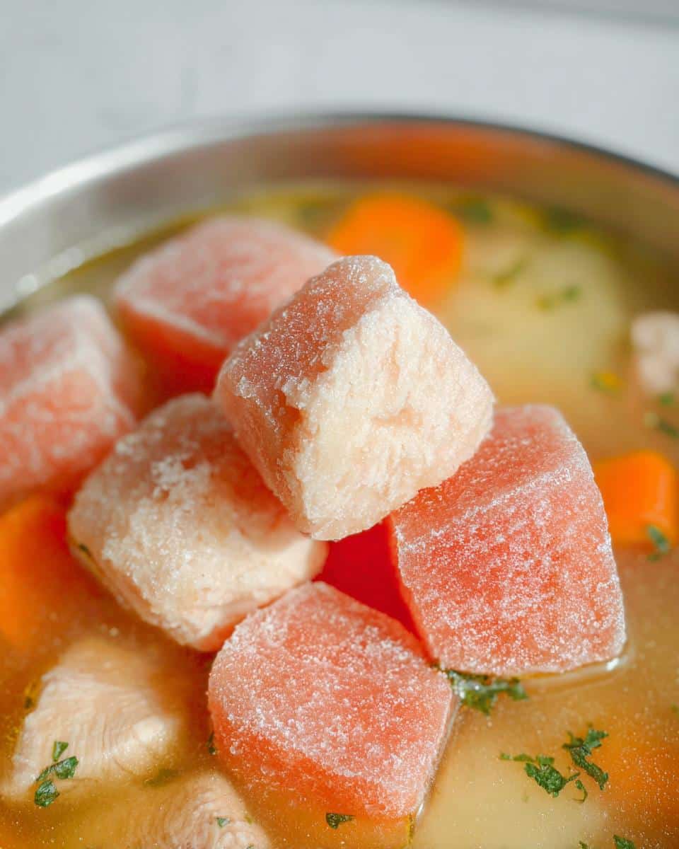 Close-up of frozen, pinkish-orange cubes, likely meat or fruit, thawing in a broth with carrots, part of Pupsicle Recipes For Dogs.