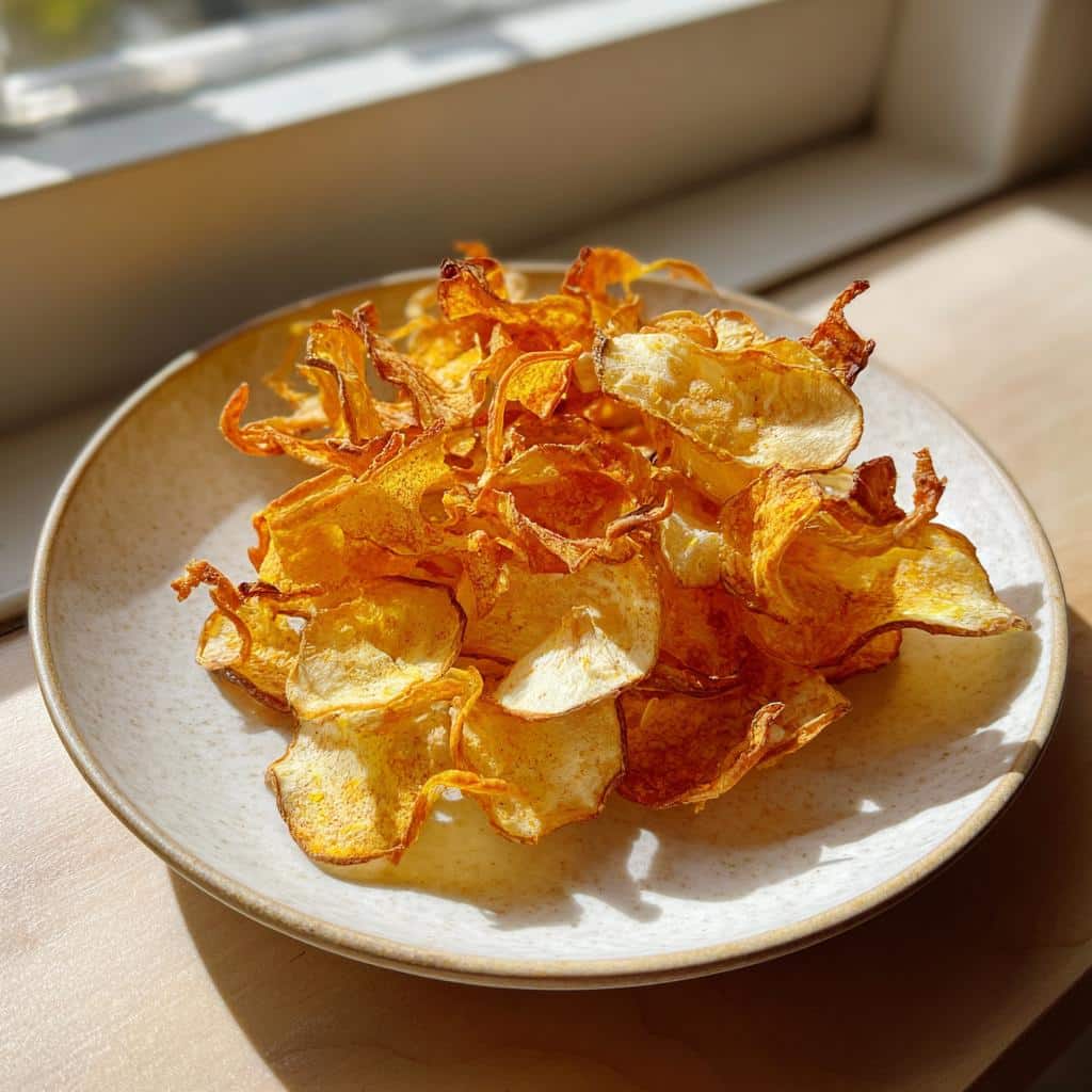 A pile of crispy, golden-orange Frozen Duck, Apple & Turmeric Chips served on a speckled ceramic plate.