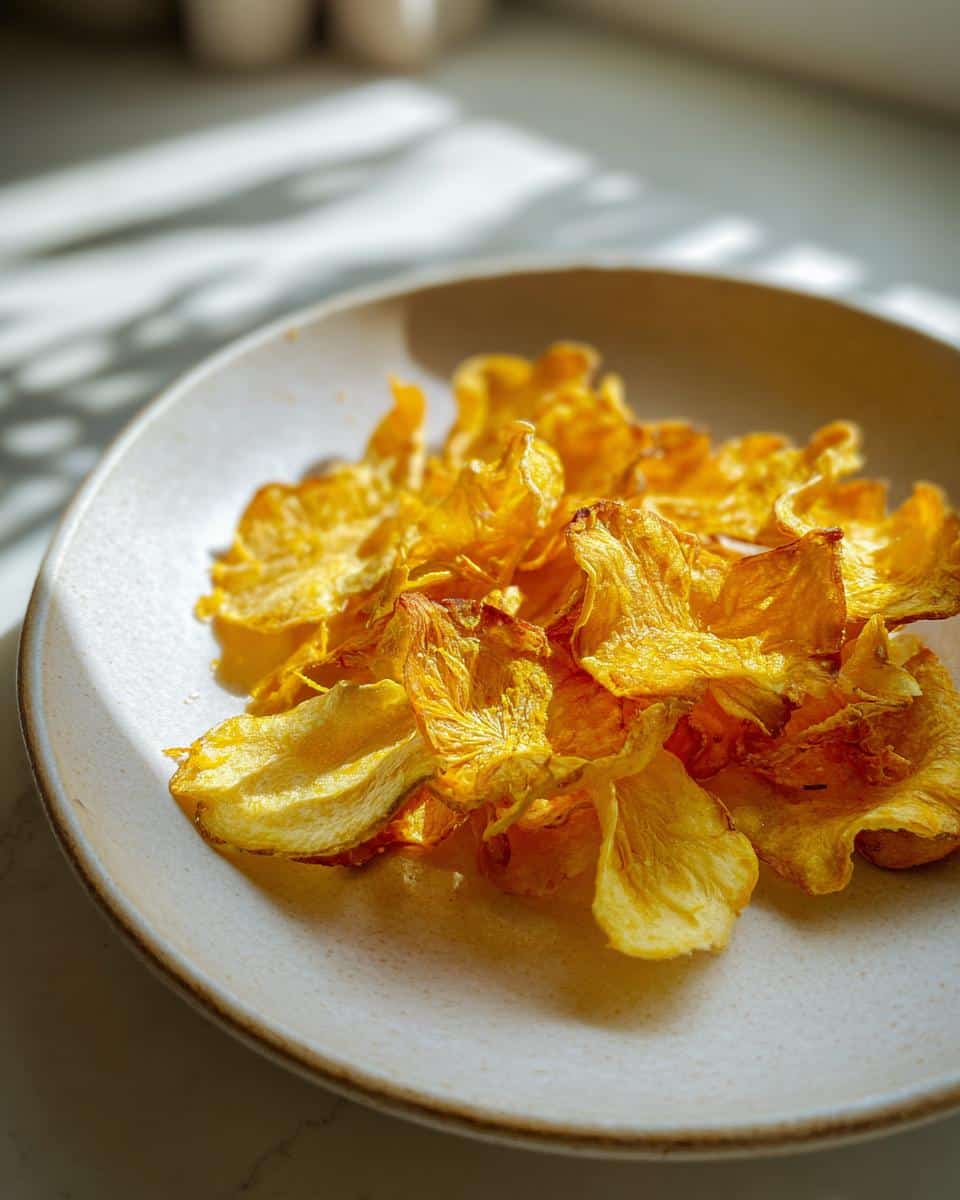 A pile of crispy, golden Frozen Duck, Apple & Turmeric Chips served on a light ceramic plate.
