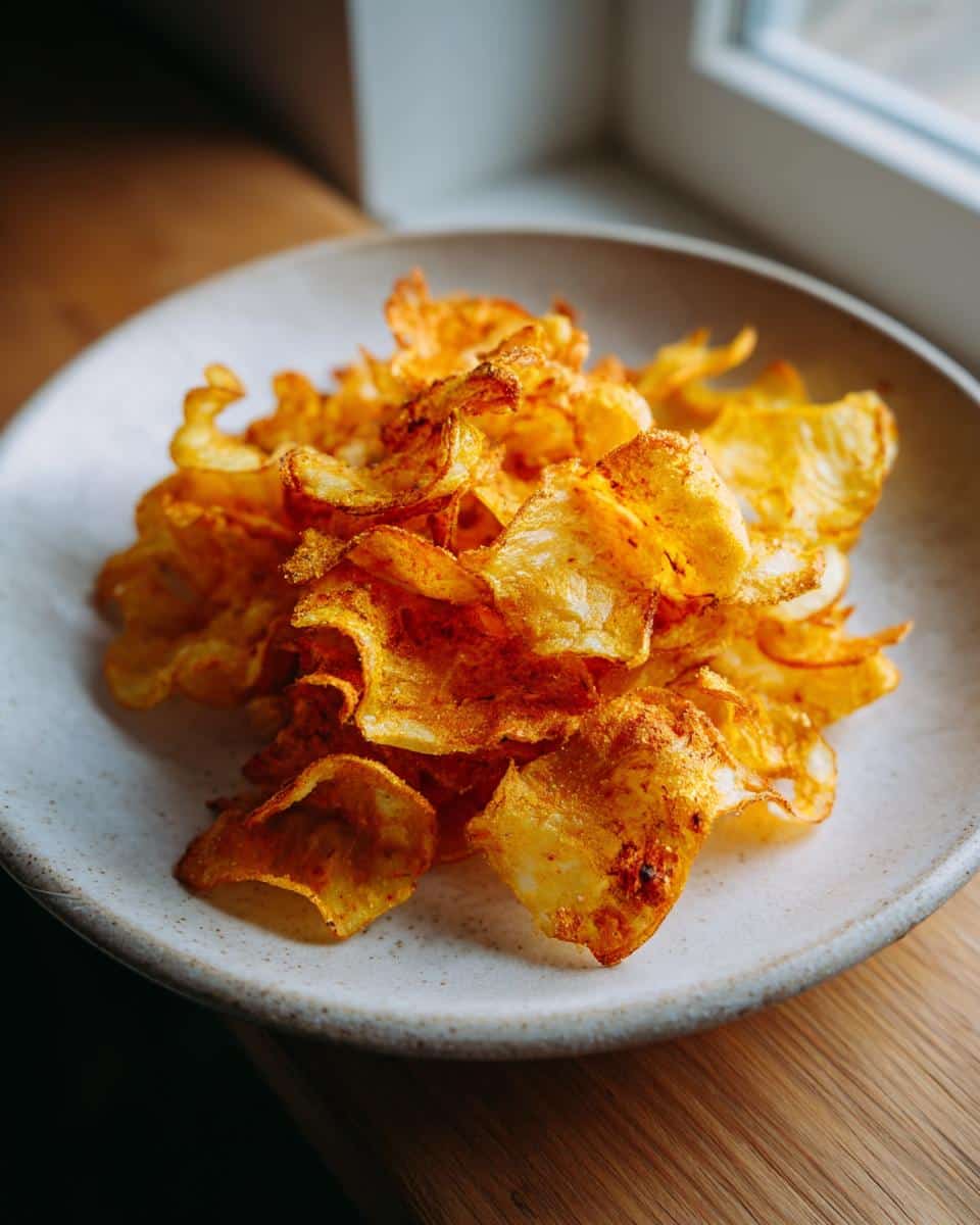 A pile of crispy, golden-orange Frozen Duck, Apple & Turmeric Chips served on a speckled white plate.