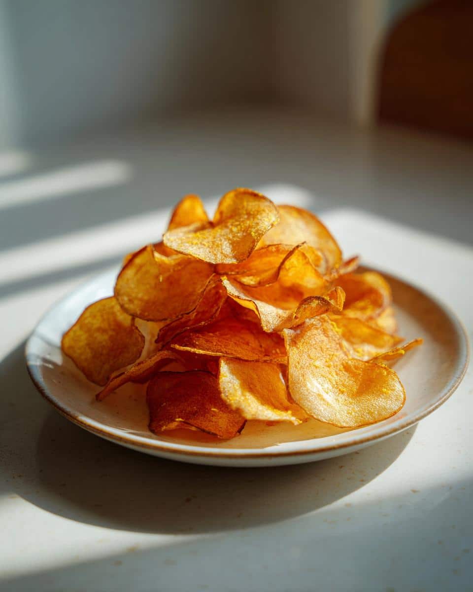 A pile of golden, crispy Frozen Duck, Apple & Turmeric Chips served on a small white plate.