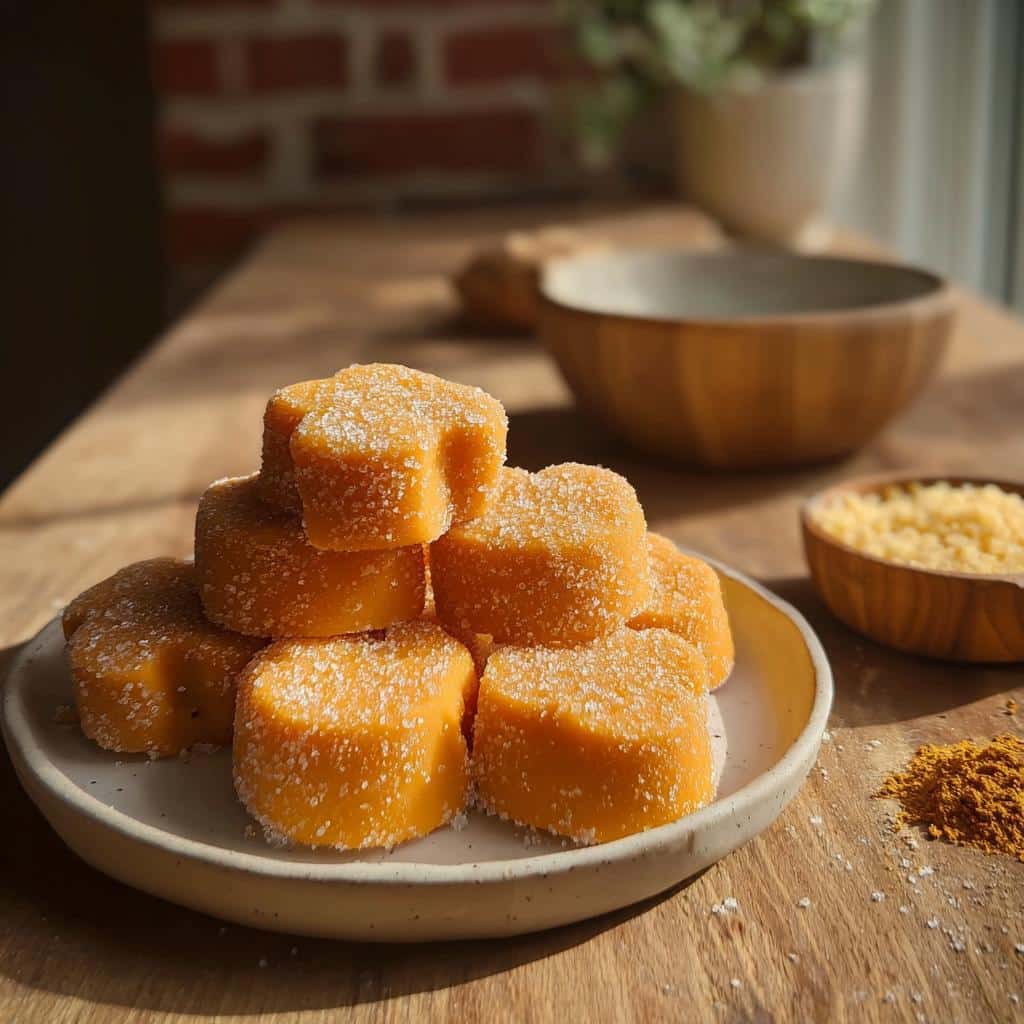 Stack of bright orange, flower-shaped frozen pumpkin and yogurt treats coated in sugar.