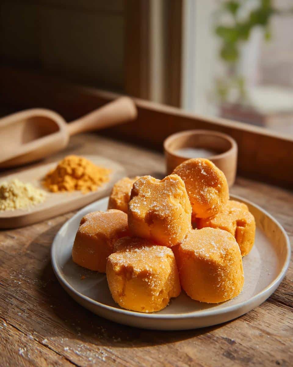 A stack of bright orange frozen pumpkin and yogurt treats dusted with sugar on a plate.