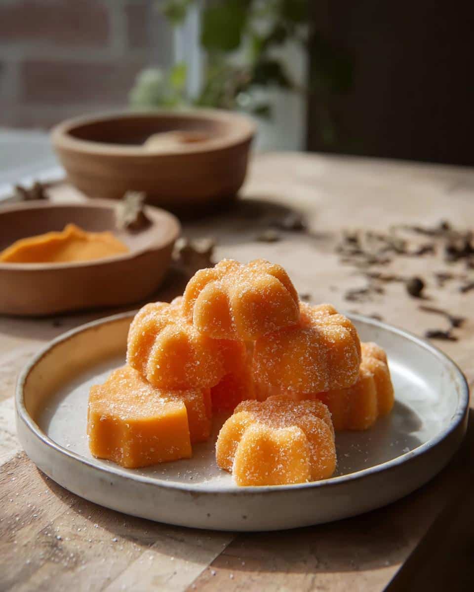 Stack of orange, flower-shaped frozen pumpkin and yogurt treats coated in sugar.