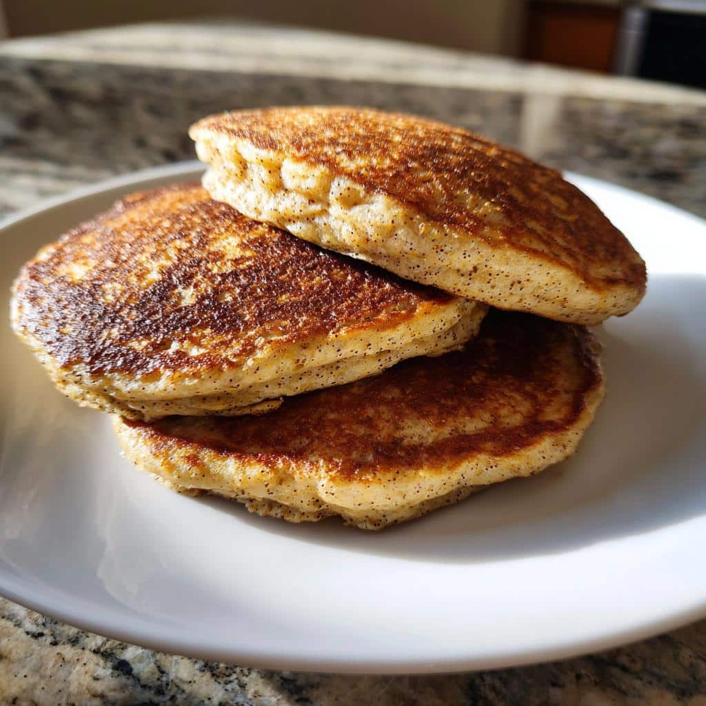 A stack of three golden-brown Frozen Salmon, Banana & Flaxseed Pancakes For Dogs on a white plate.
