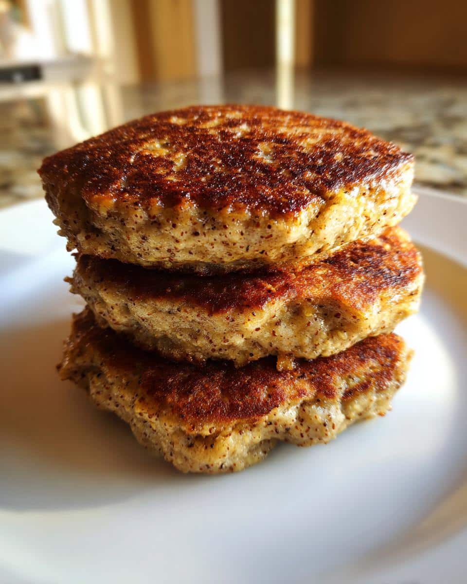 A stack of three golden-brown Frozen Salmon Pancakes For Dogs with visible flaxseed specks, served on a white plate.