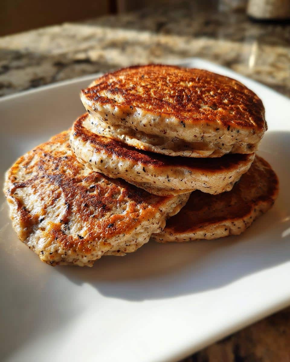 A stack of four golden-brown Frozen Salmon Pancakes For Dogs with visible flaxseed specks, served on a white plate.
