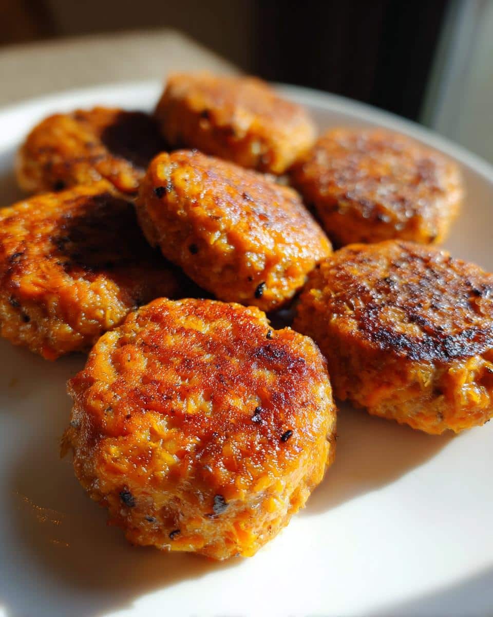 Close-up of several golden-brown Frozen turkey and sweet potato jerky bites on a white plate.