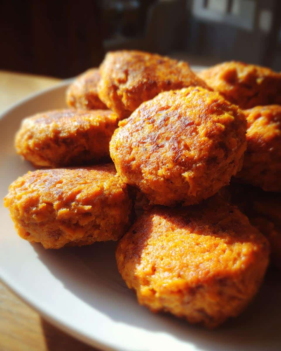 A close-up of several golden-brown Frozen turkey and sweet potato jerky bites piled on a white plate.