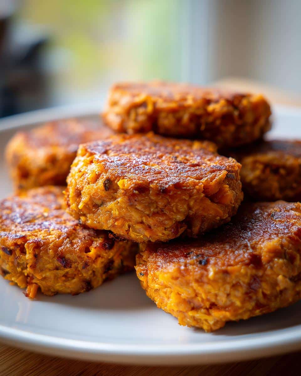 A stack of golden-brown, pan-fried Frozen turkey and sweet potato jerky bites on a white plate.