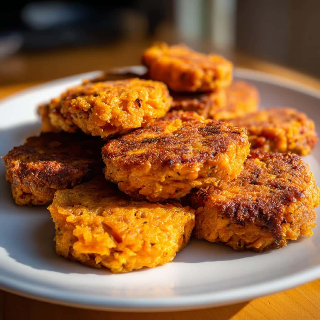A close-up of several golden-brown Frozen turkey and sweet potato jerky bites piled on a white plate.
