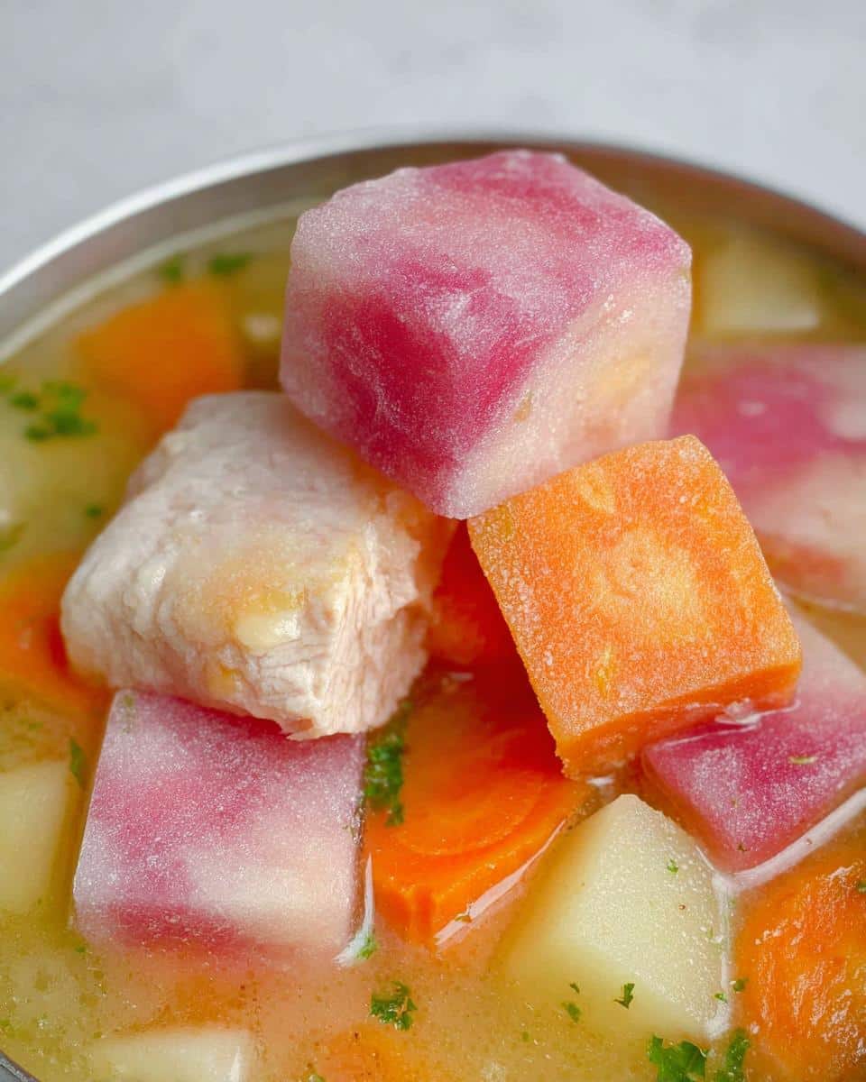 Close-up of frozen vegetable and meat cubes melting in a bowl, part of Pupsicle Recipes For Dogs.