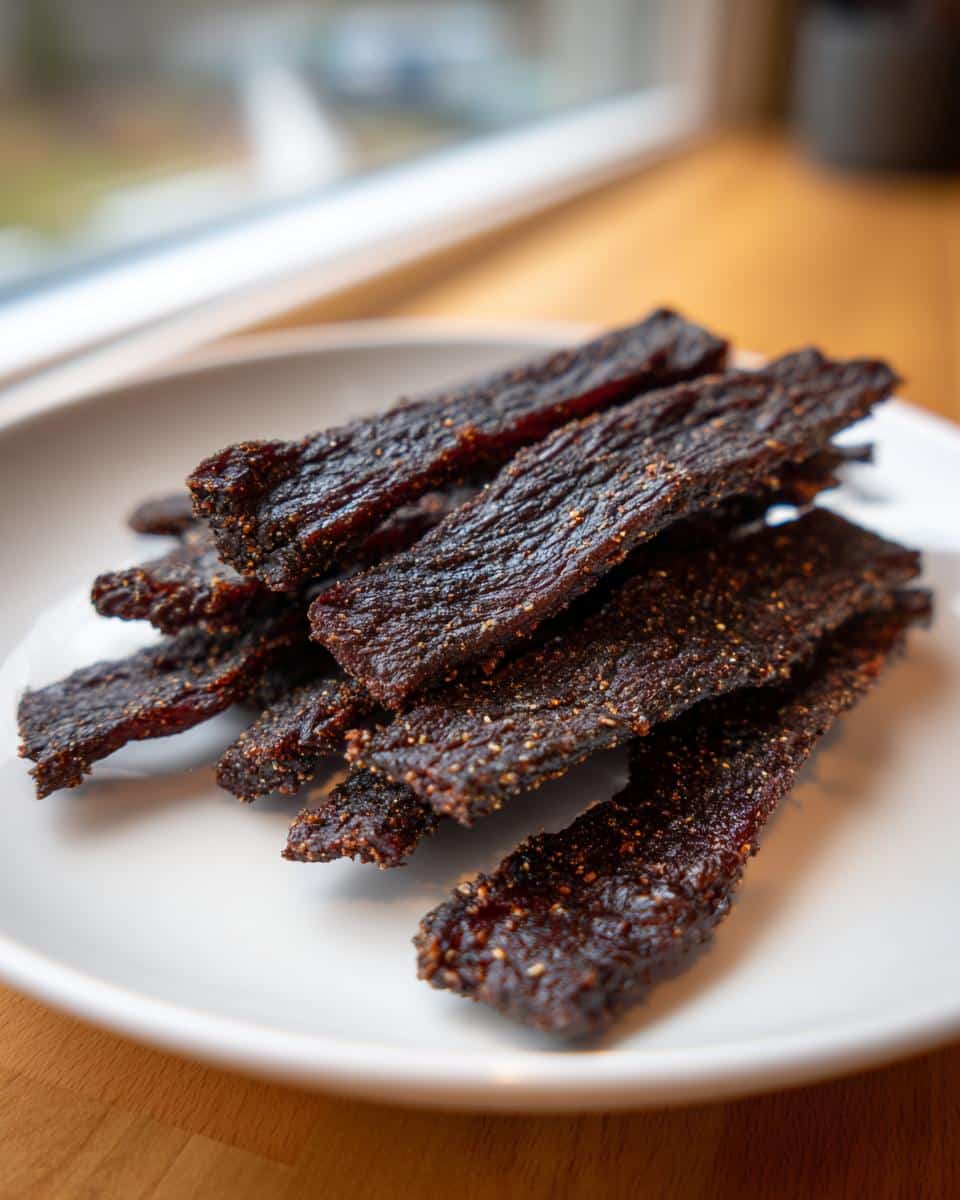A pile of dark, seasoned strips of Frozen Venison, Lentil & Parsley Jerky stacked on a white plate.