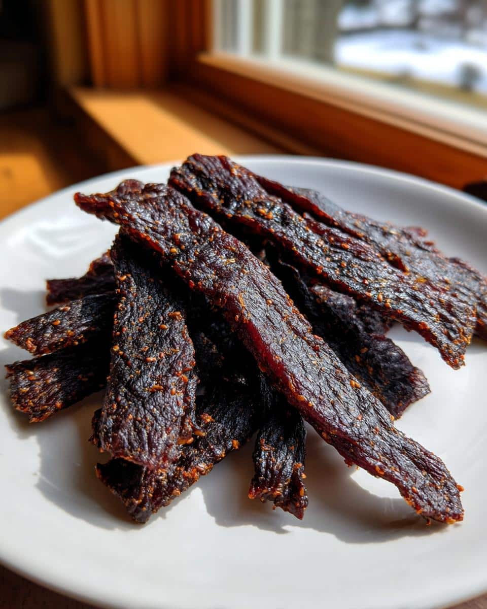A close-up of dark, seasoned strips of Frozen Venison, Lentil & Parsley Jerky piled on a white plate near a sunny window.