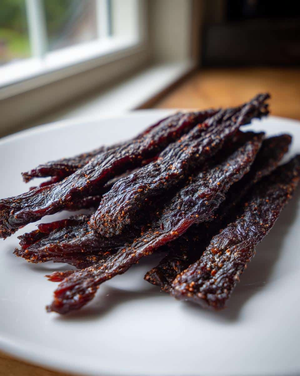 A pile of dark, seasoned strips of Frozen Venison, Lentil & Parsley Jerky resting on a white plate near a window.