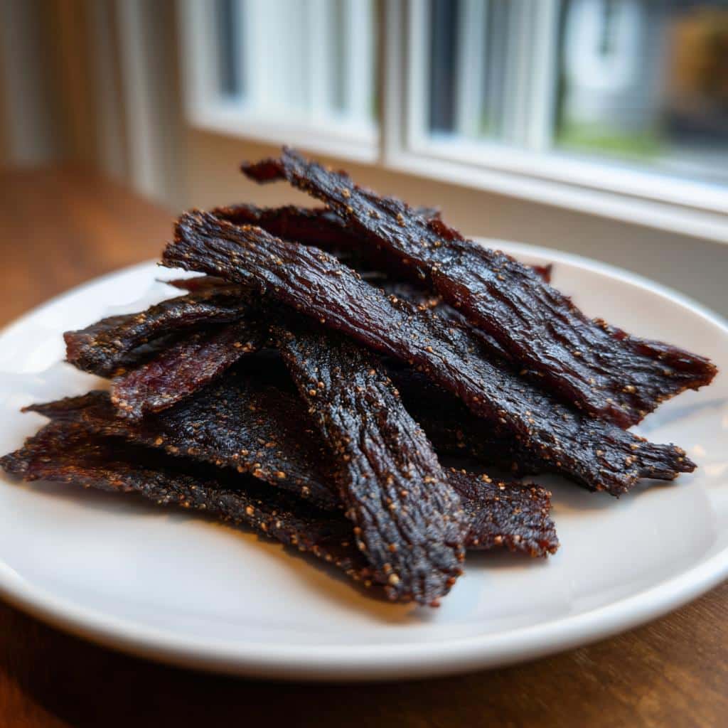 Close-up of dark, seasoned strips of Frozen Venison, Lentil & Parsley Jerky piled on a white plate.