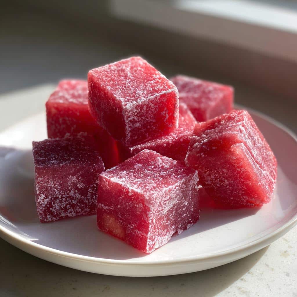 A pile of bright red, frozen Watermelon Dog Treats cubes dusted with white powder, sitting on a white plate.