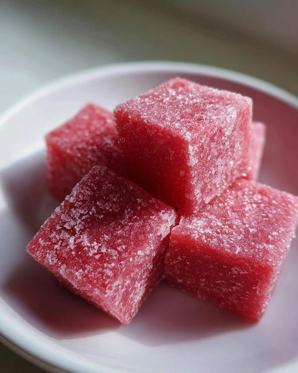 Close-up of bright pink, sugar-coated, frozen cubes of Watermelon Dog Treats stacked on a white dish.