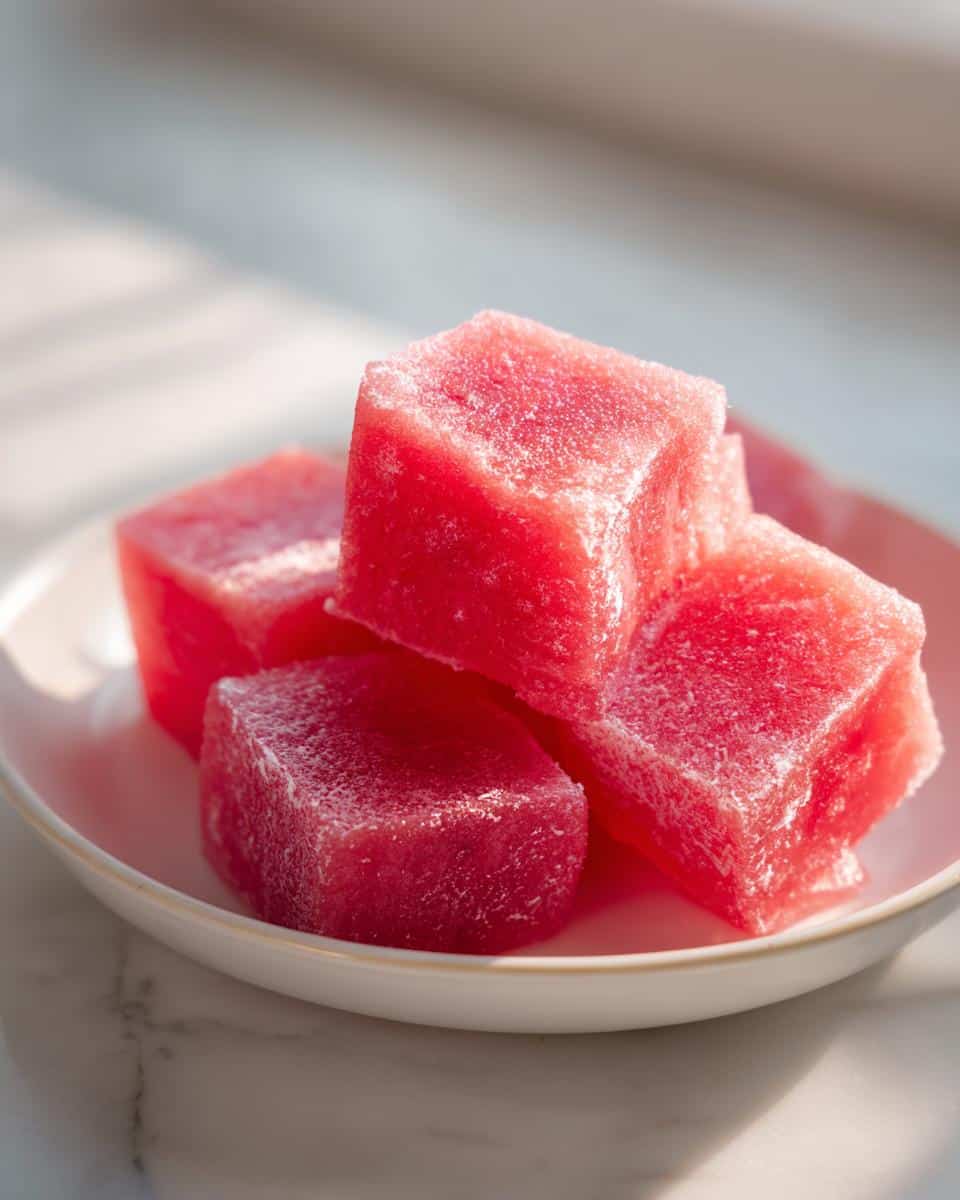 Close-up of several frozen, bright red cubes of watermelon dog treats stacked on a small white plate.