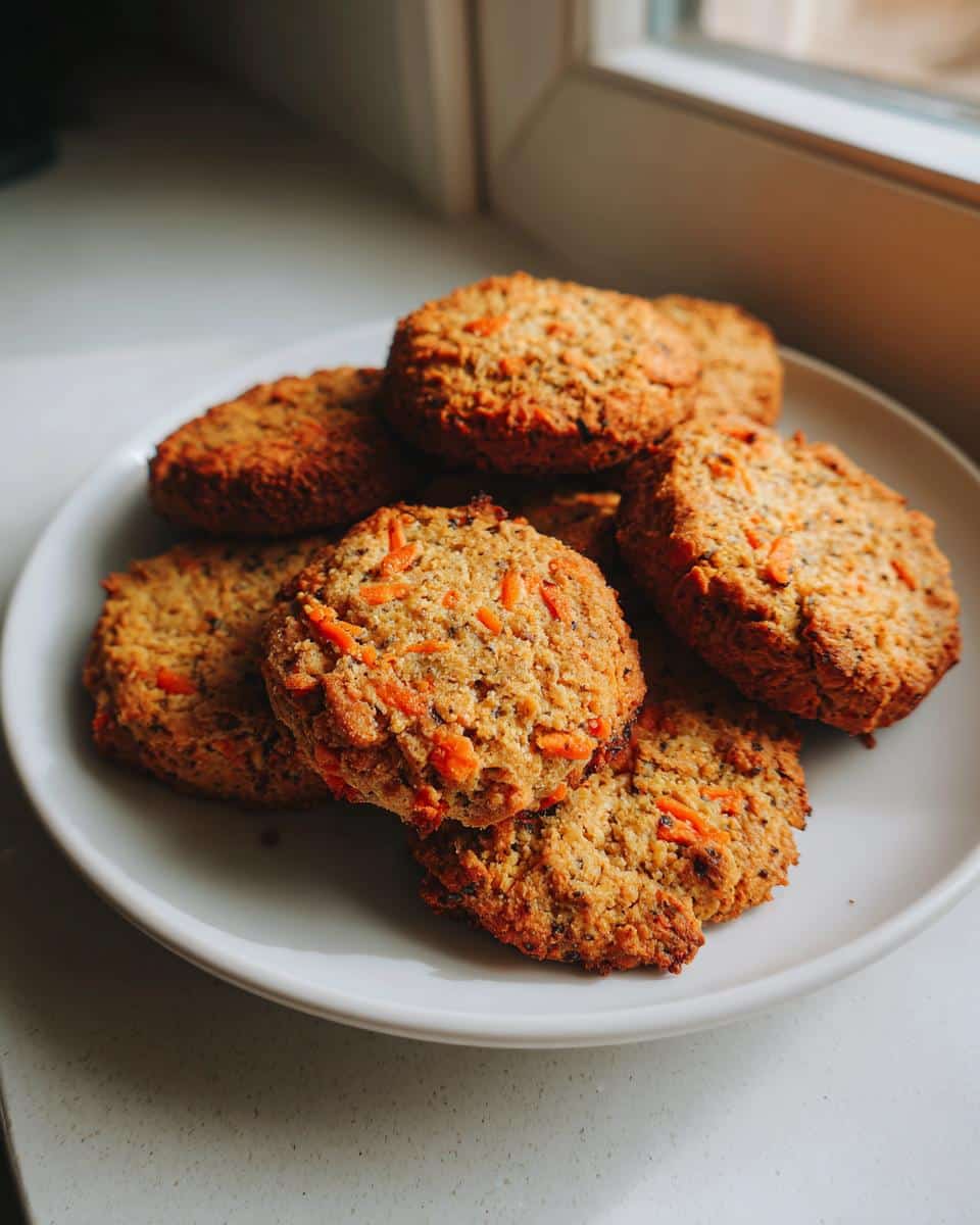 A stack of golden brown Fruity and Veggie Biscuits Dogs with visible orange carrot pieces, resting on a white plate near a window.