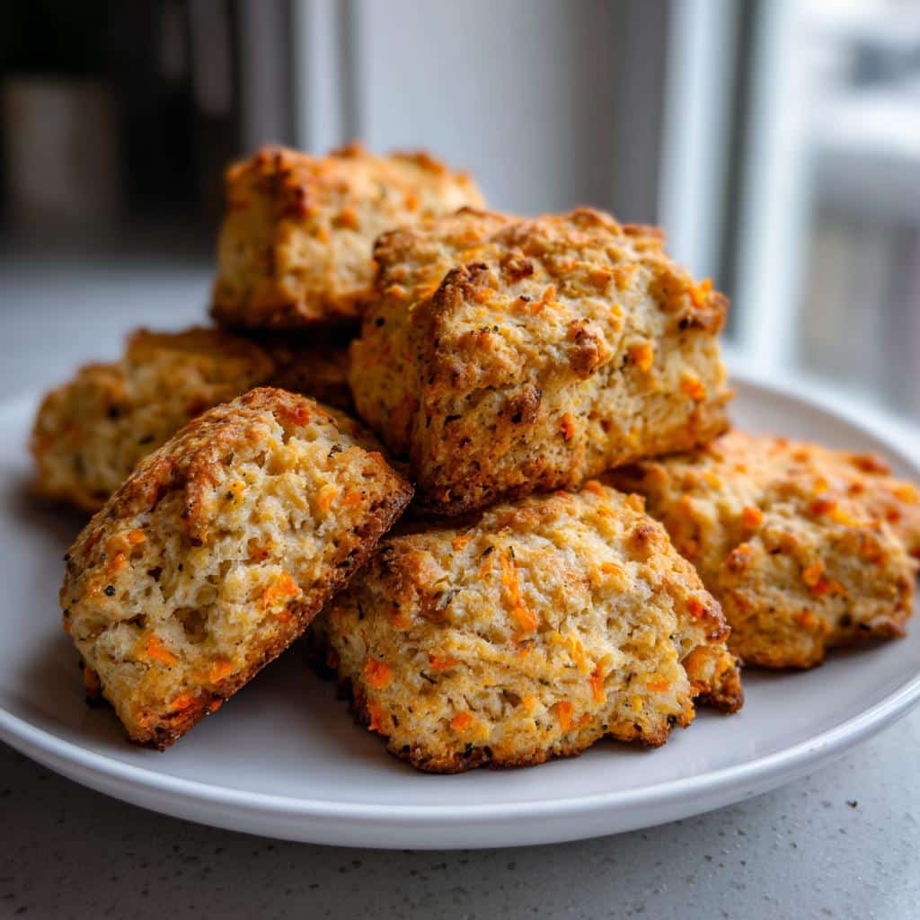 A stack of freshly baked Fruity and Veggie Biscuits Dogs with visible orange shreds, piled on a white plate.