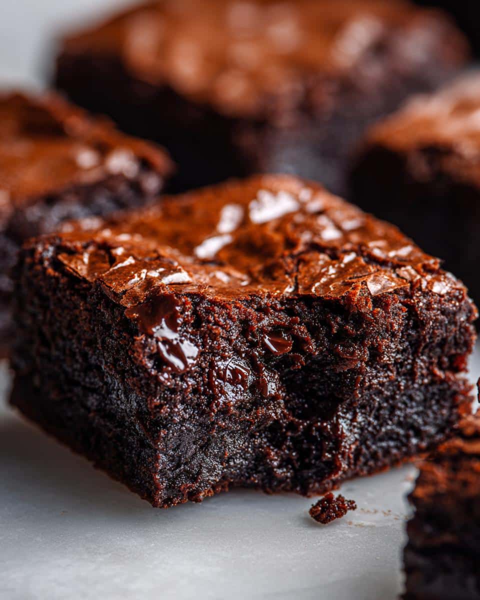 Close-up of a rich, fudgy square cut from the amazing Brownie Batter, showing melted chocolate chips.