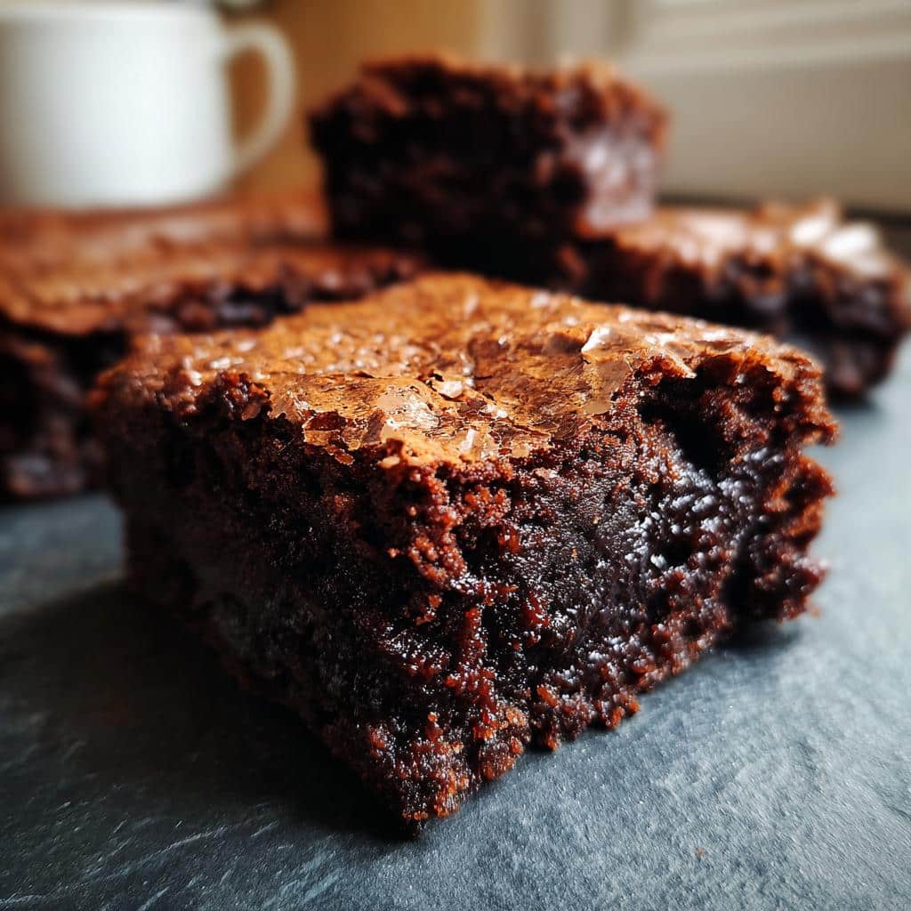 Close-up of a fudgy square cut from fresh brownie batter, showing a moist interior and flaky top.