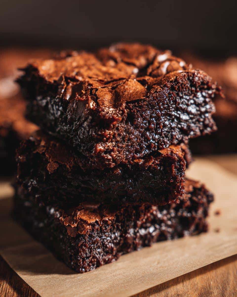 Stack of three rich, fudgy brownies showing a shiny, crackly top and moist interior from the Brownie Batter.