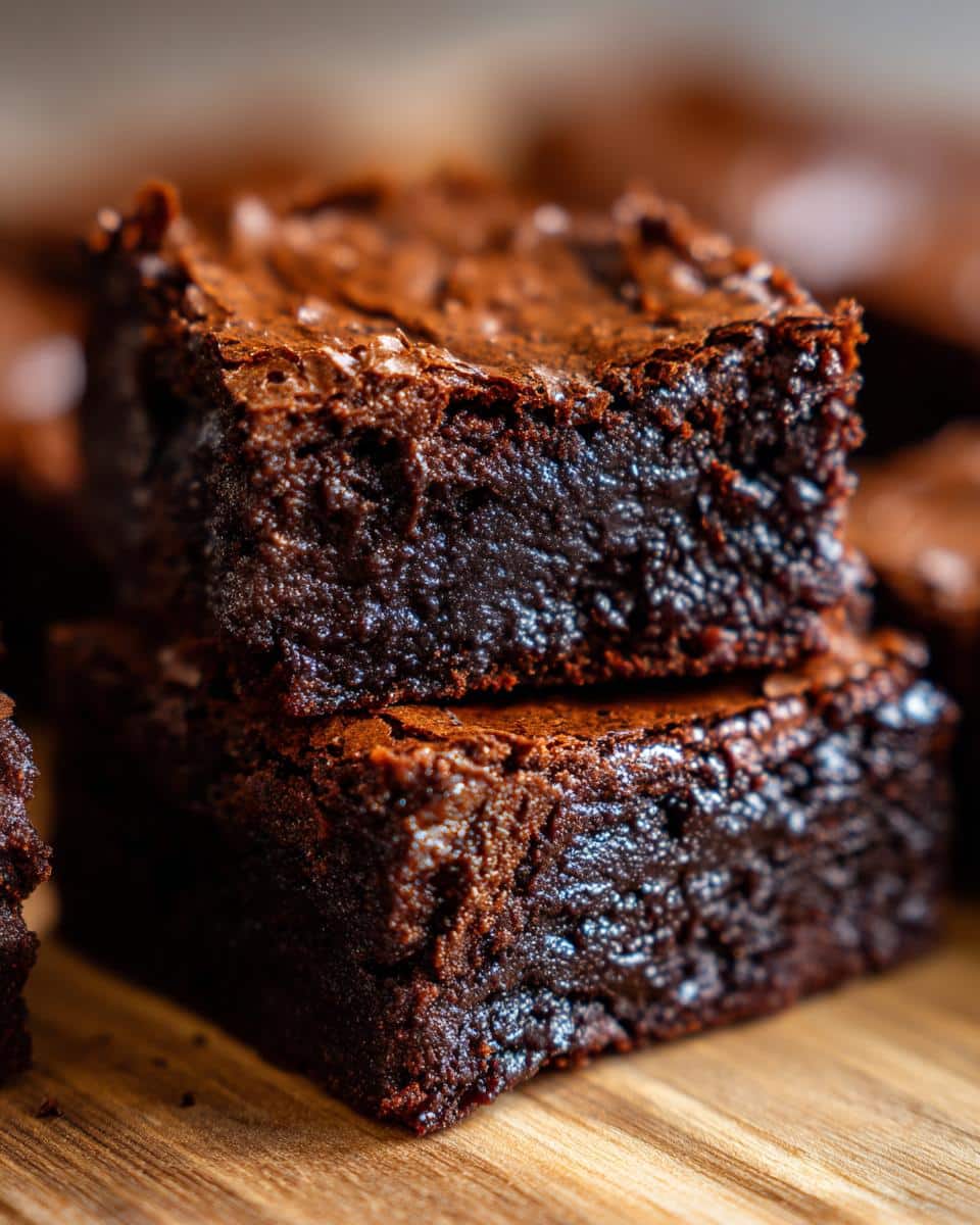 Close-up of two stacked, fudgy brownies with shiny tops, made from the amazing 15-minute Brownie Batter.