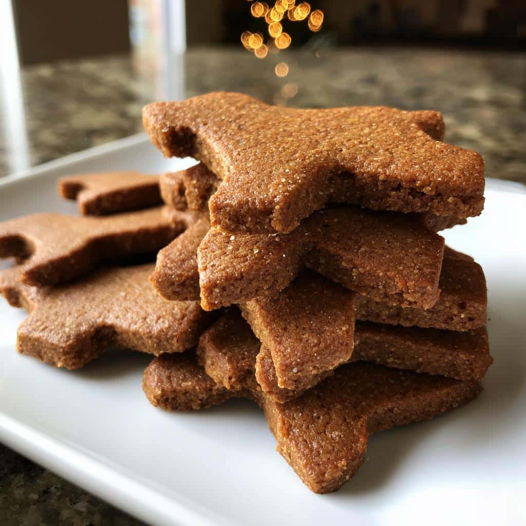 A stack of brown, dog-shaped Gingerbread Dog Cookies resting on a white plate.