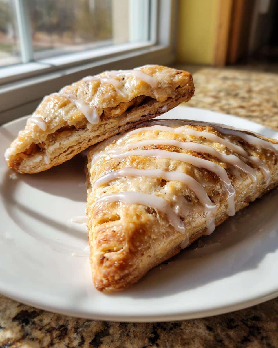 Two flaky, glazed pastry triangles, resembling homemade Pop Tarts With Peanut Butter, served on a white plate.