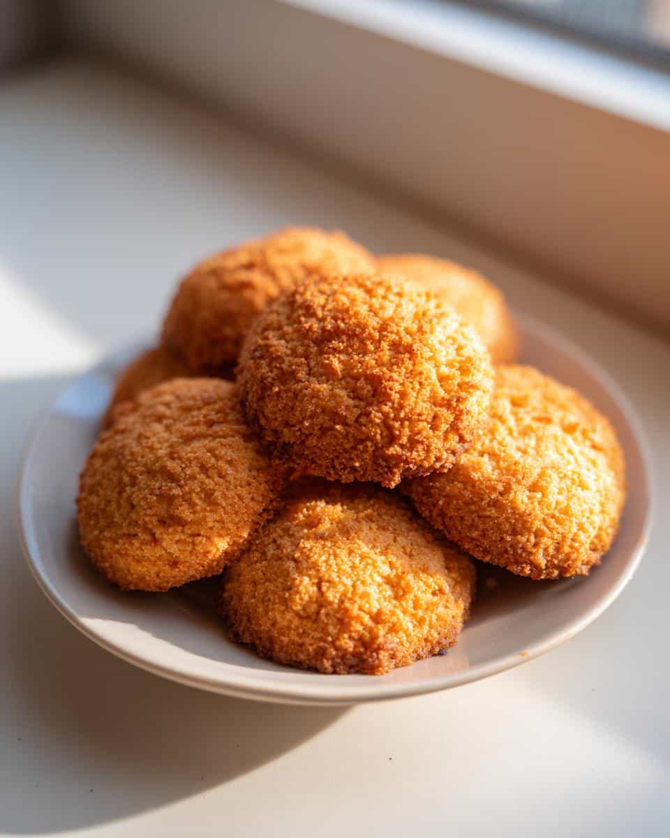 A stack of golden brown, textured apple and banana dog treats piled on a small plate.