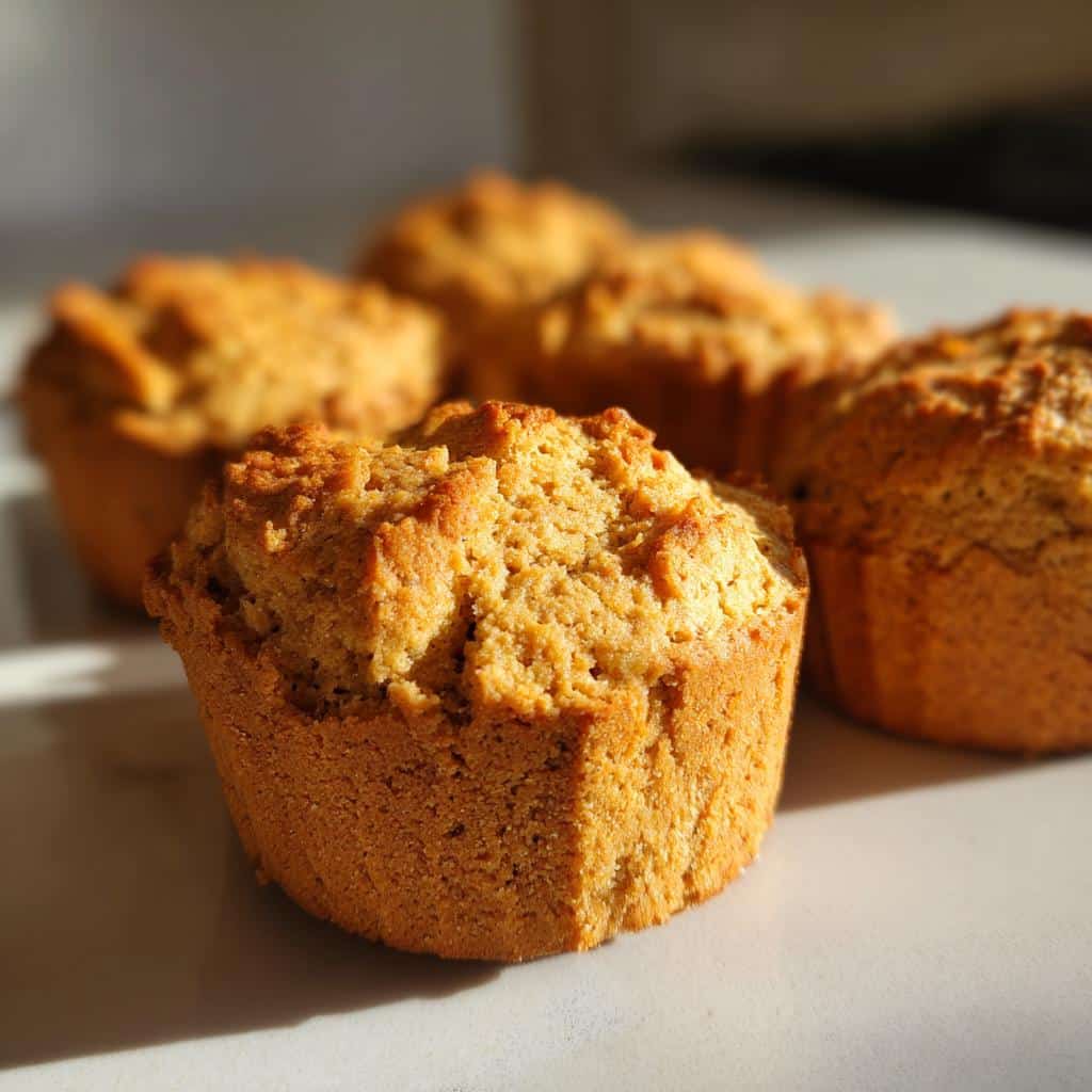 Close-up of golden brown, muffin-shaped dog treats using silicone mold, sitting on a light surface.
