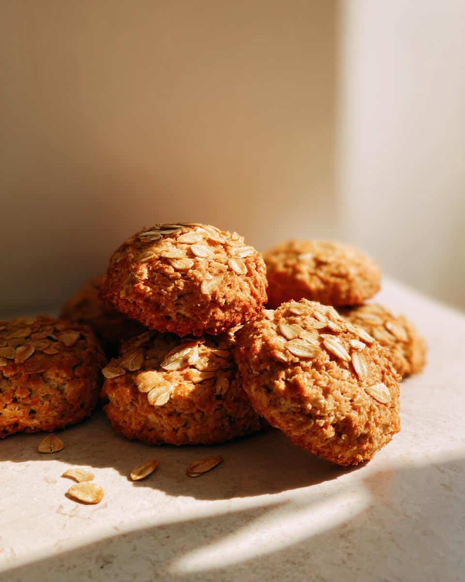 A close-up stack of freshly baked, golden Oat dog cookies topped with visible rolled oats, sitting in warm sunlight.