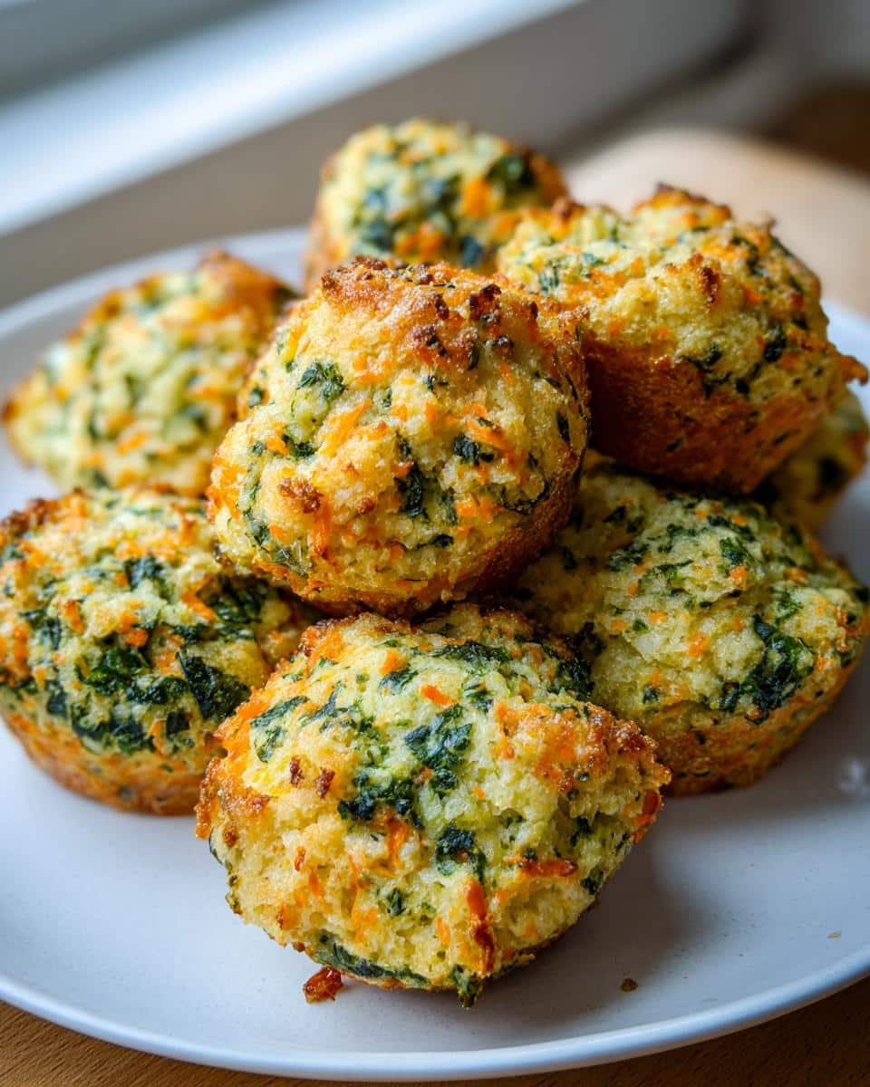 A stack of golden-brown, savory Spinach & Carrot Bites featuring visible green spinach and orange carrot pieces.