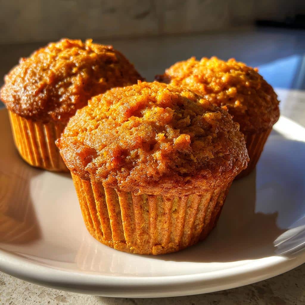 Close-up of three freshly baked, golden brown sweet potato muffins sitting on a white plate.