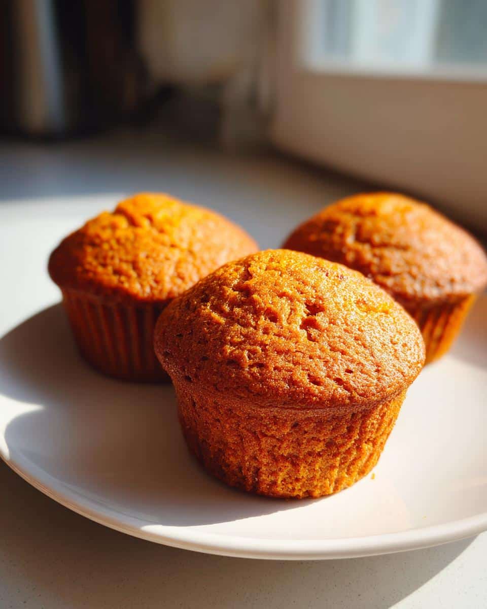 Close-up of three golden brown sweet potato muffins sitting on a white plate, bathed in sunlight.