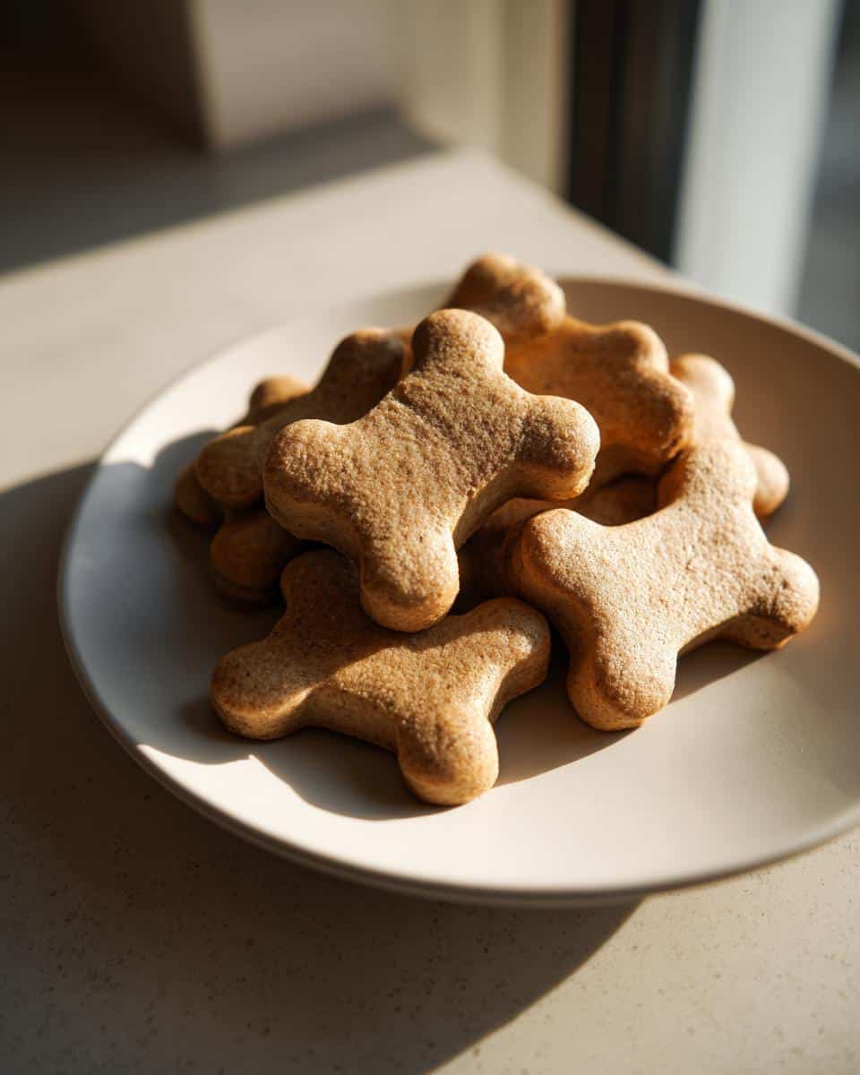 A pile of homemade, bone-shaped Greek Yogurt Dog Treats resting on a light-colored plate.