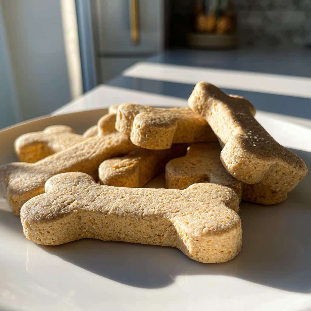 A pile of freshly baked, bone-shaped Greek Yogurt Dog Treats resting on a white plate in bright sunlight.