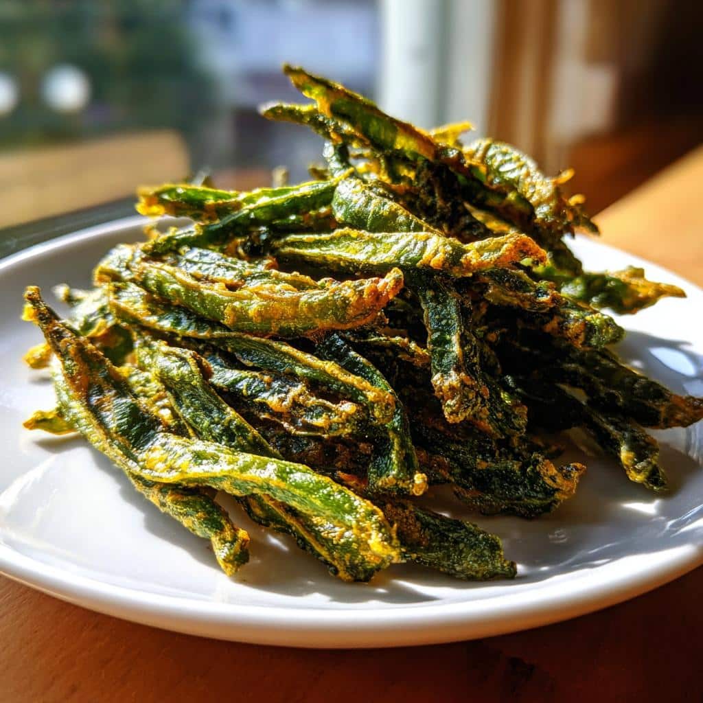 A pile of dehydrated, crispy green bean crunchies for dogs, lightly coated and stacked on a white plate.
