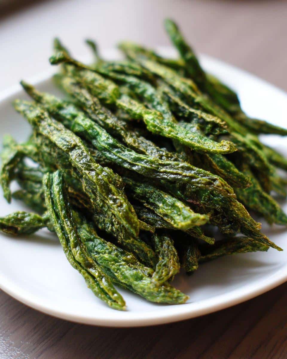 A pile of dehydrated, crispy green bean crunchies for dogs served on a small white plate.